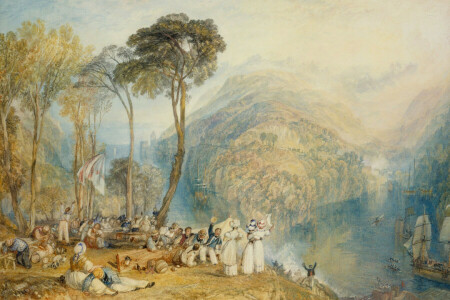 Bay Dartmouth, bukit, pemandangan, orang-orang, gambar, kapal, William Turner