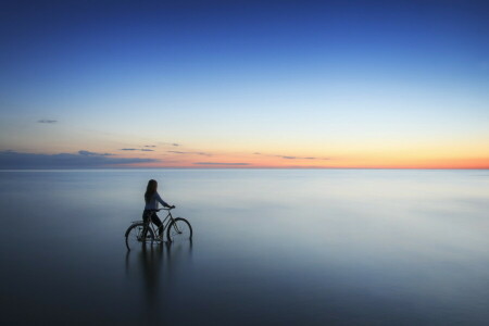 자전거, 소녀, 바다, 일몰