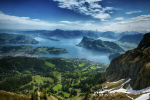 湖, ルツェルン湖, 山, パノラマ, スイス, 上からの眺め