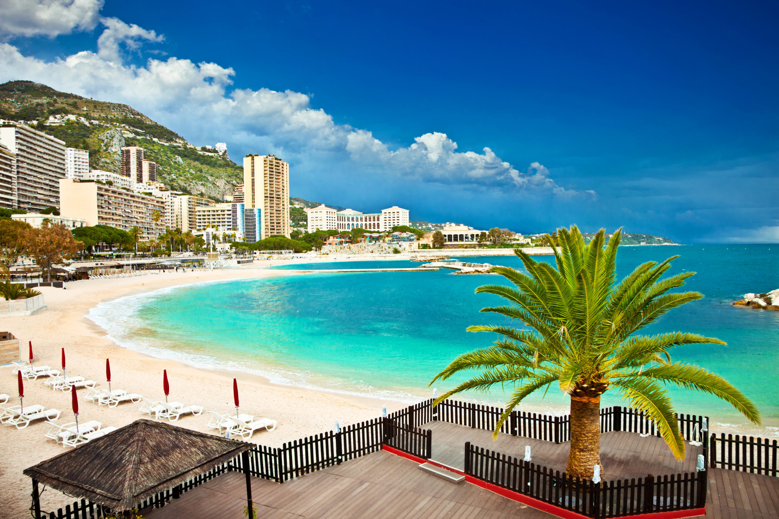 bờ biển, bờ biển, biển, những đám mây, núi, Trang Chủ, cát, Monaco