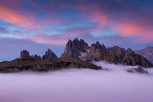 雲, 霧, イタリア, 山, ピーク, 岩, ドロミテ