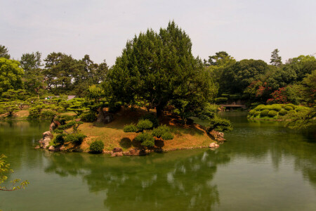 일본, 경치, 자연, 공원, 사진, 못, 리츠 린 가든, 다카마쓰