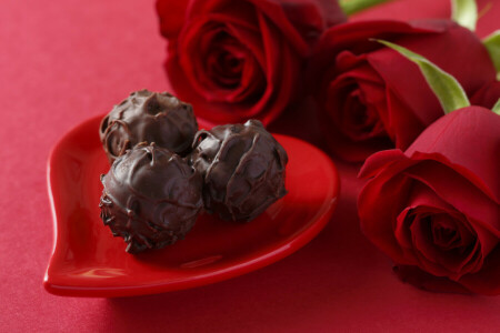 キャンディー, チョコレート, 贈り物, 心臓, 愛, 赤, ロマンチック, バラ