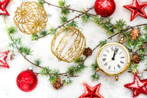 2016 년, 크리스마스, 시계, 장식, 새해, 빨간, 눈, 별