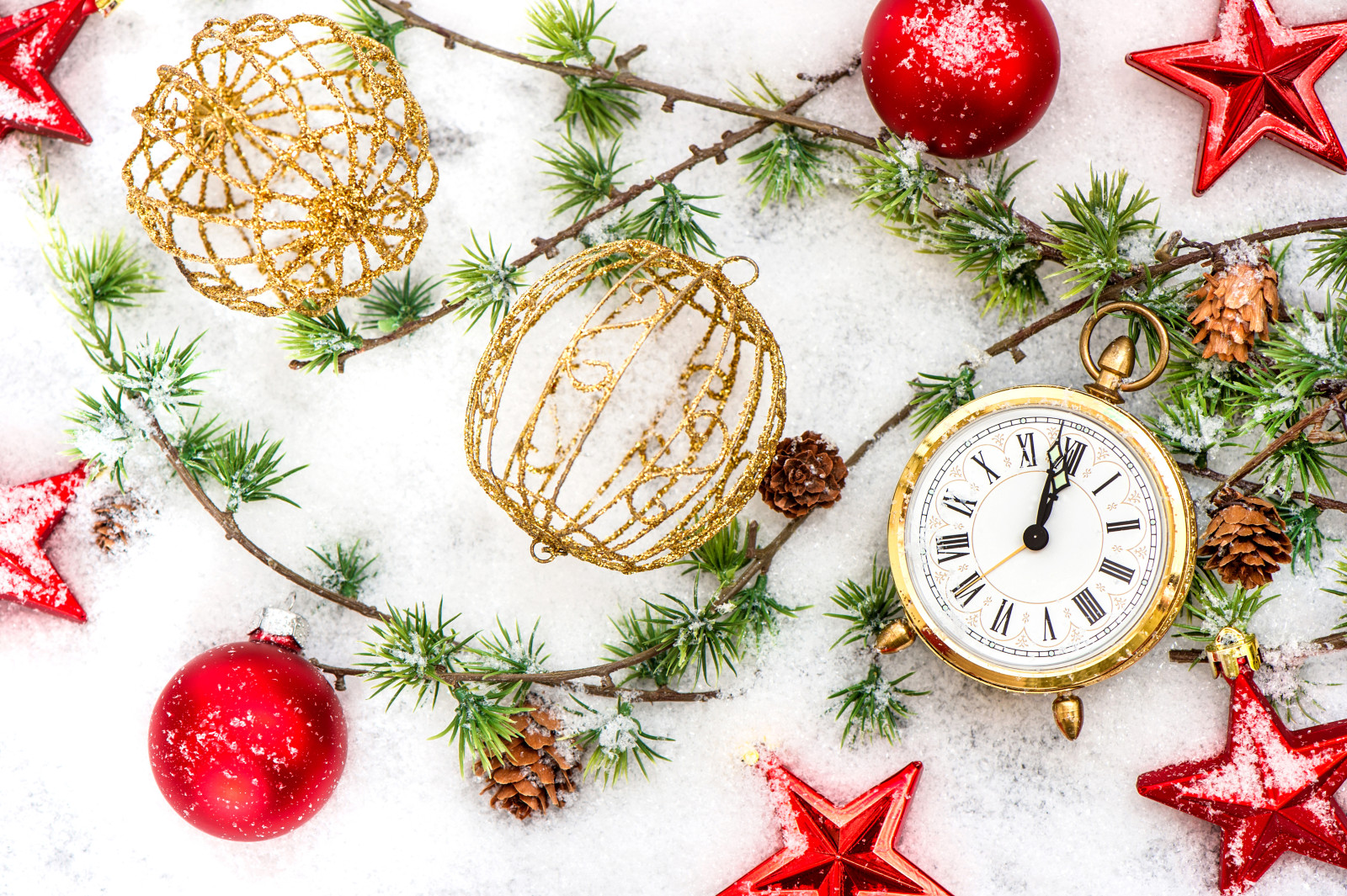 눈, 새해, 크리스마스, 장식, 빨간, 손목 시계, 별, 2016 년