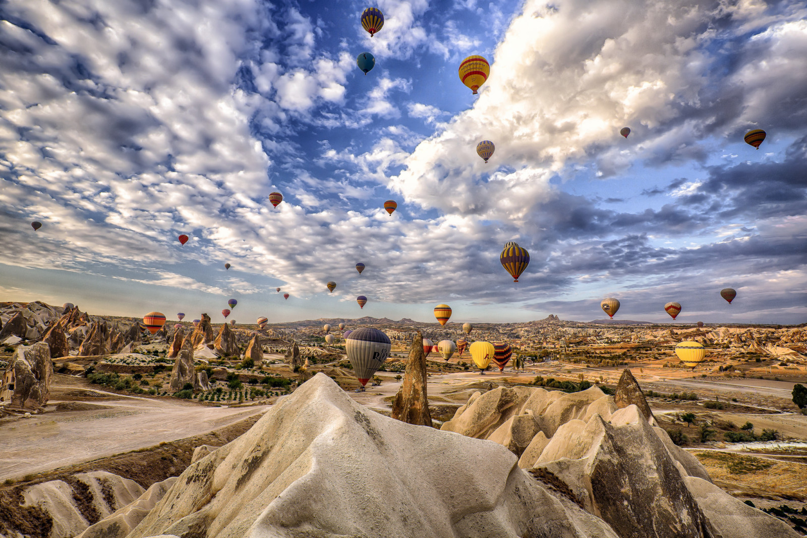 bầu trời, những đám mây, núi, Quả bóng bay, đá, gà tây, Cappadocia