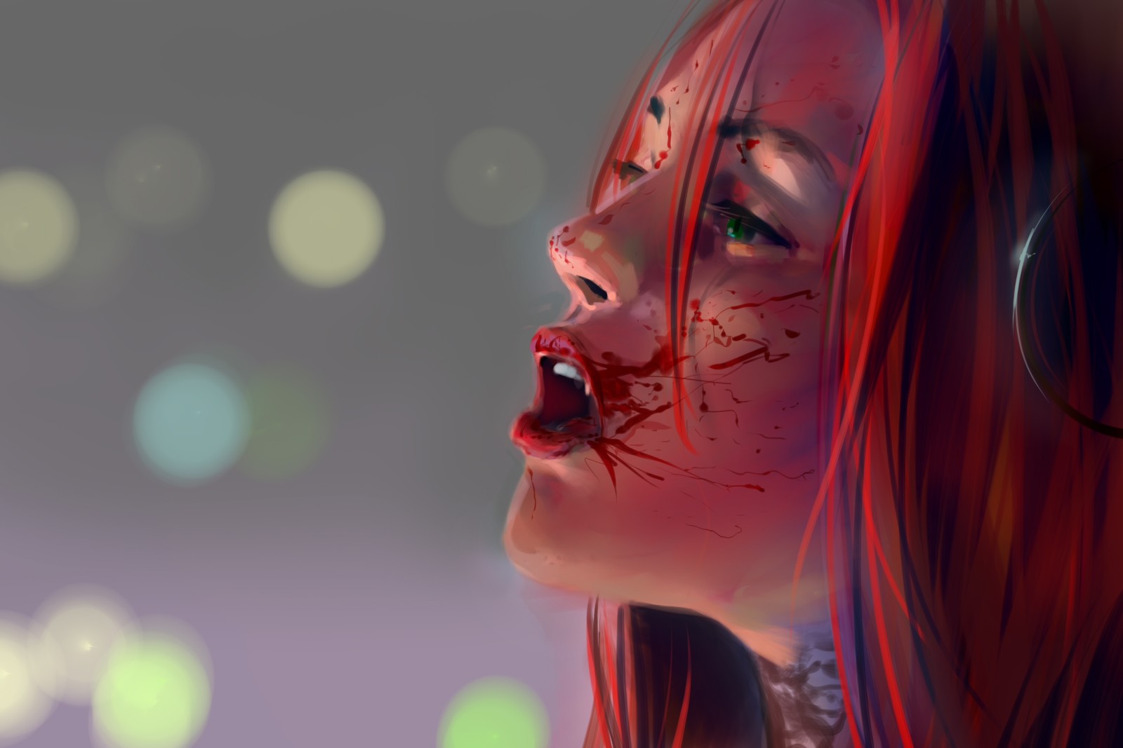 看, 女孩, 血液, 血蕾, 红发。轮廓。 fang牙