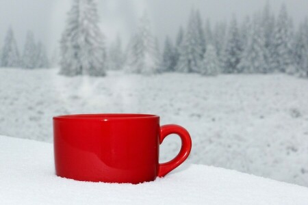 커피, 컵, 경치, 자연, 눈, 겨울