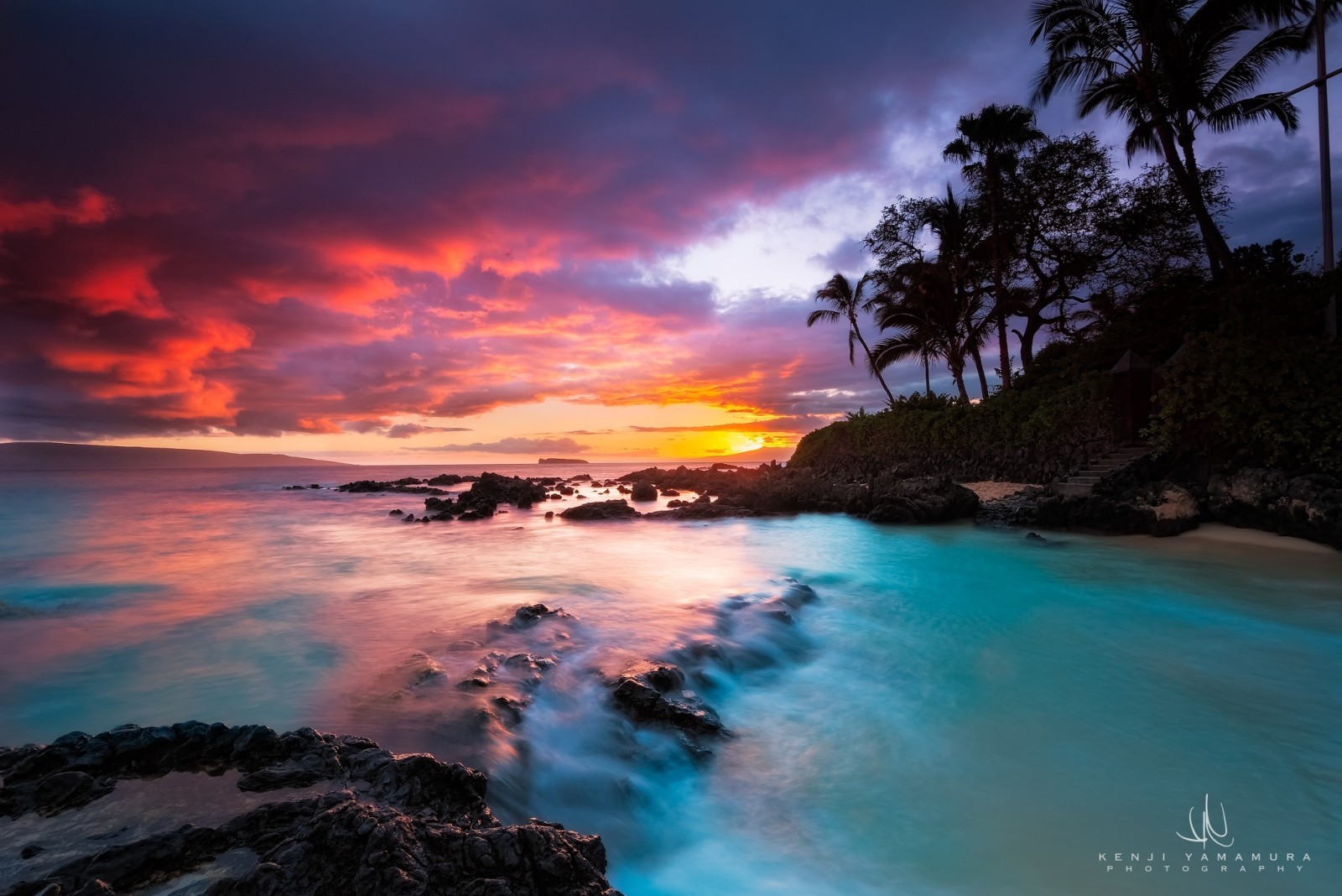 matahari terbenam, juru potret, pohon-pohon palem, Kenji Yamamura, Hawaii, Pantai Rahasia, otrov Maui