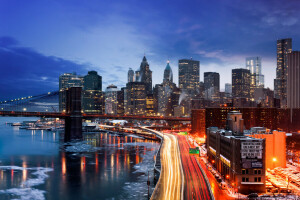 灯, 曼哈顿, 纽约, 城市, 晚上, 美国, 冬季