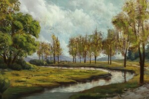 雲, 塗装風景, 川, 木