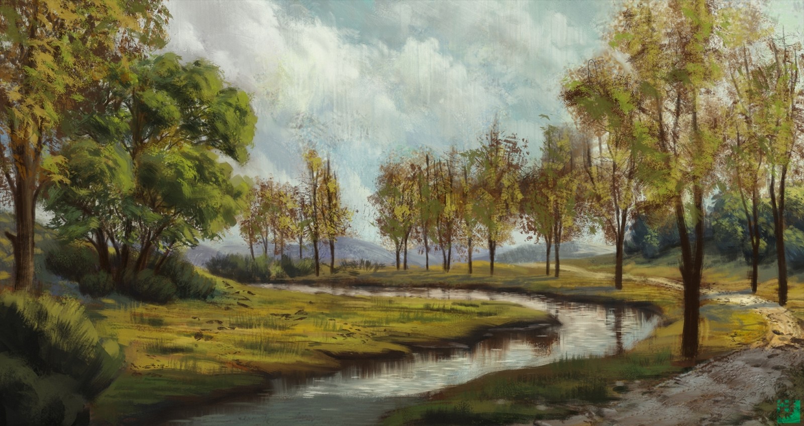 con sông, cây, những đám mây, vẽ phong cảnh