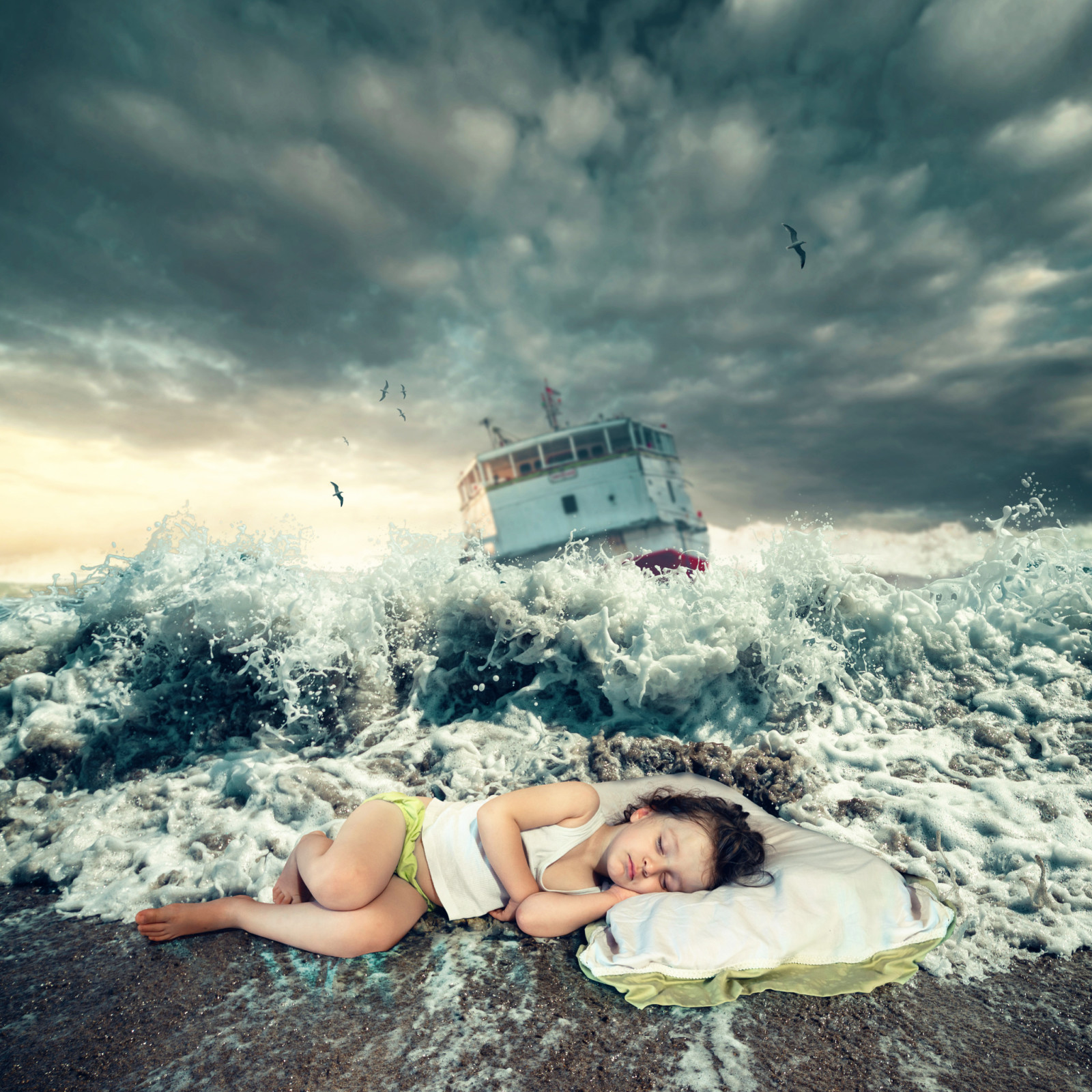 con gái, tàu, ngủ, lướt sóng
