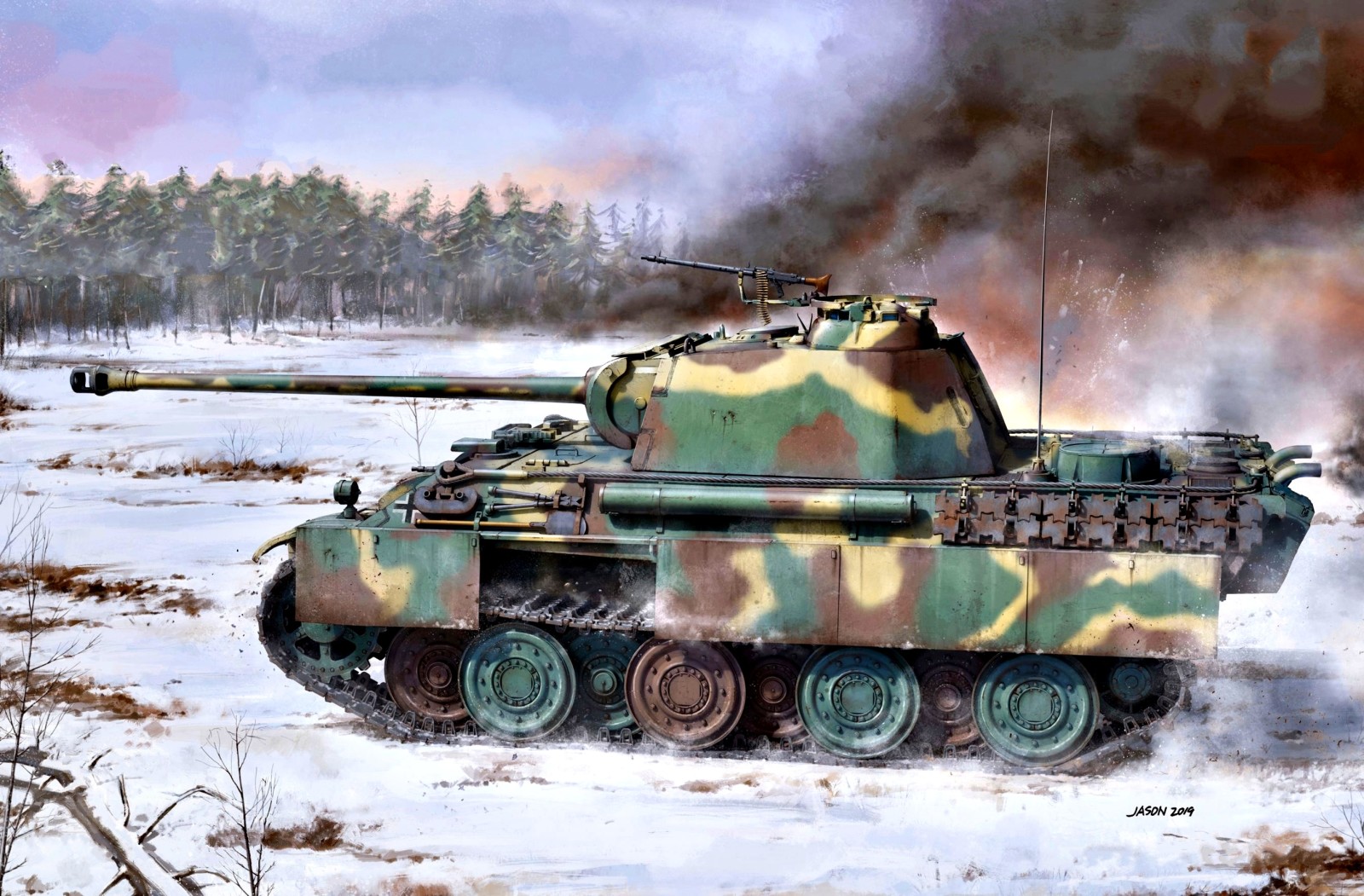 눈, 독일, 탱크, 평균, 연기, 표범, Pz.Kpfw.V Ausf G