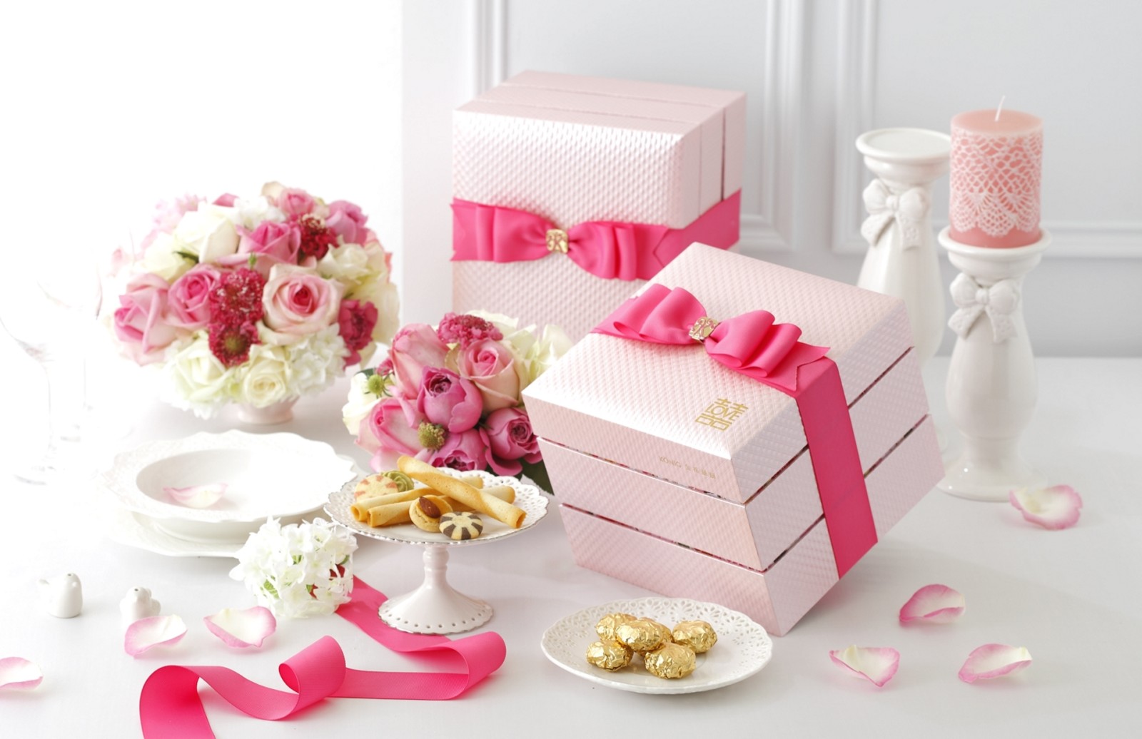 バラ, ピンク, フラワーズ, ボックス, 花束, テープ, クッキー, 弓