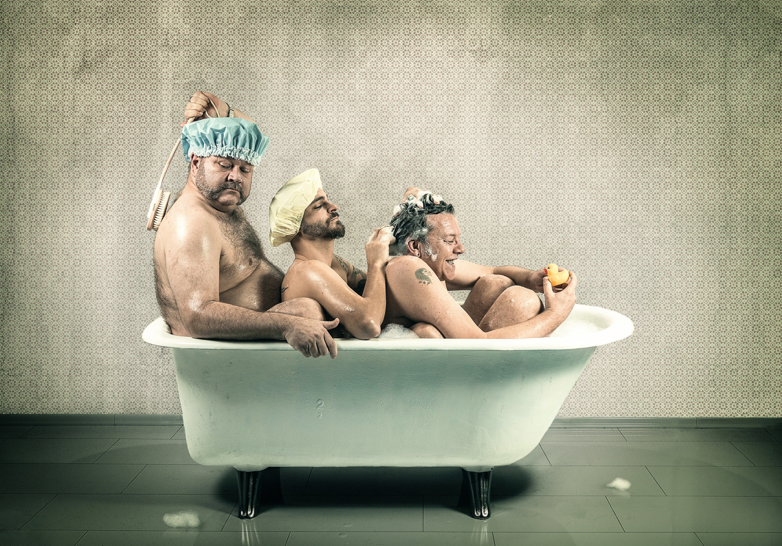bồn tắm, lấy, ba người đàn ông