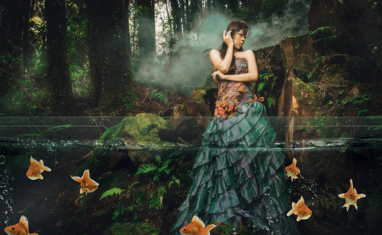 숲, 소녀, 물, 드레스, 그 상황, 물고기, 아시아 사람