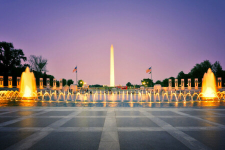 DC, 噴水, ライト, オベリスク, 夜, 米国, ワシントン