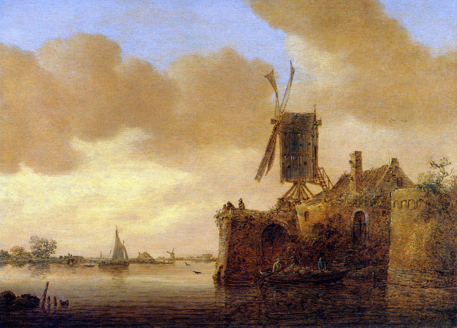 屋, 船, 帆, 风车, 河景观, 扬·范·高恩（Jan van Goyen）