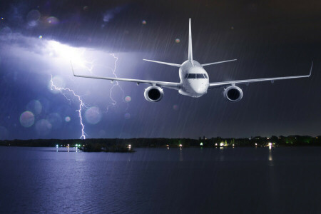 旅客機, 雲, 海岸, フライト, まぶしさ, ライト, 夜, 雨
