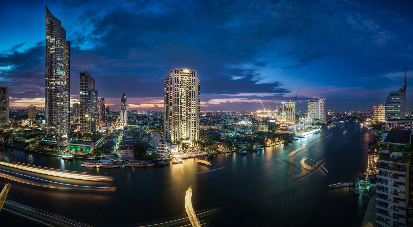 강, 밤 도시, 고층 빌딩, 건물, 태국, 방콕, 차오 프라야 강, 차오 프라야 강