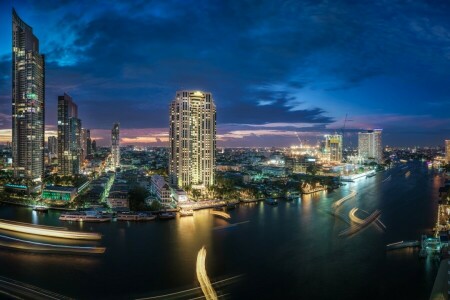 방콕, 건물, 차오 프라야 강, 클 롱산 지구, 클 롱산, 밤 도시, 강, 고층 빌딩