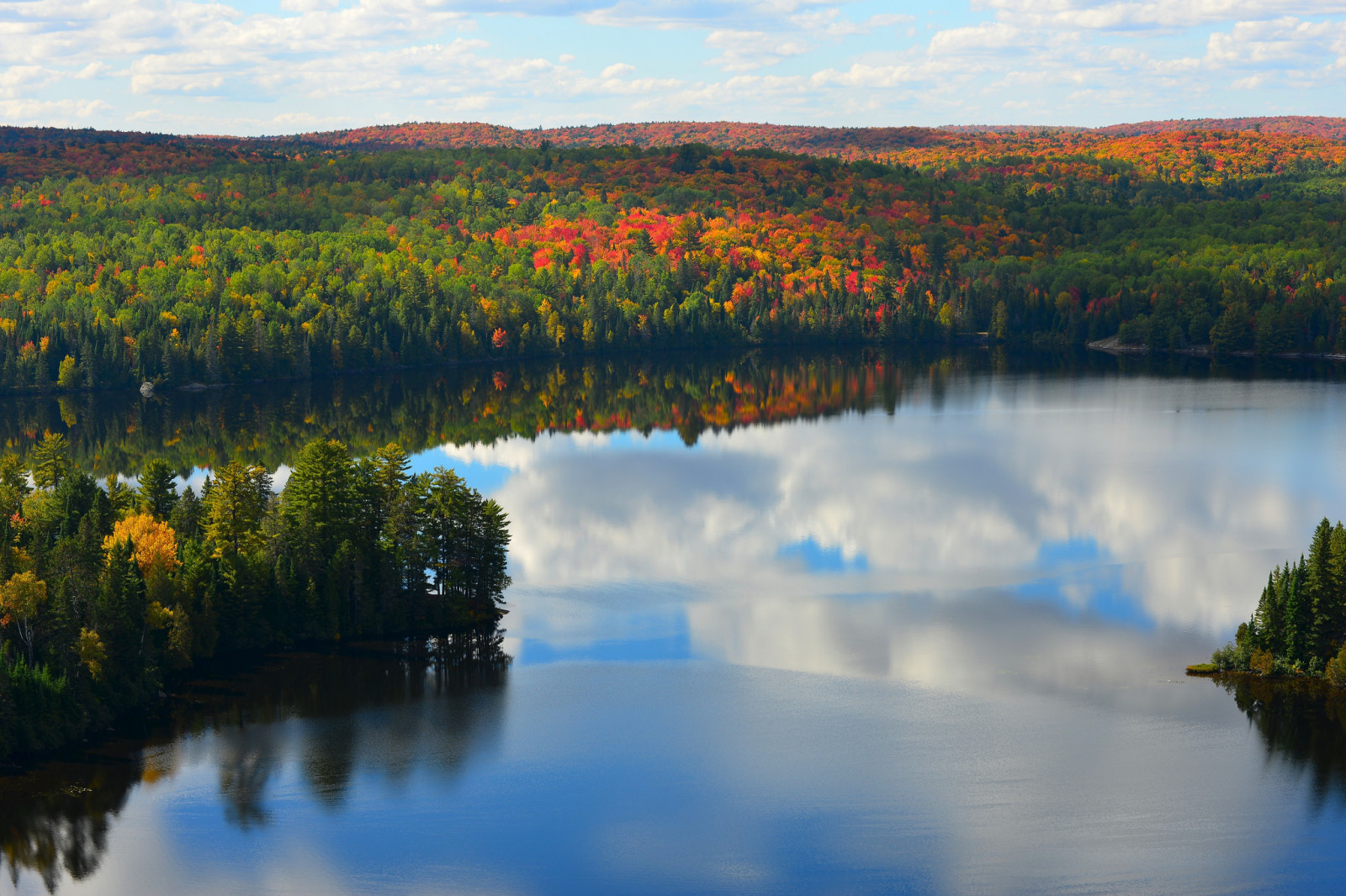 가을, 숲, 하늘, 호수, 구름, 언덕