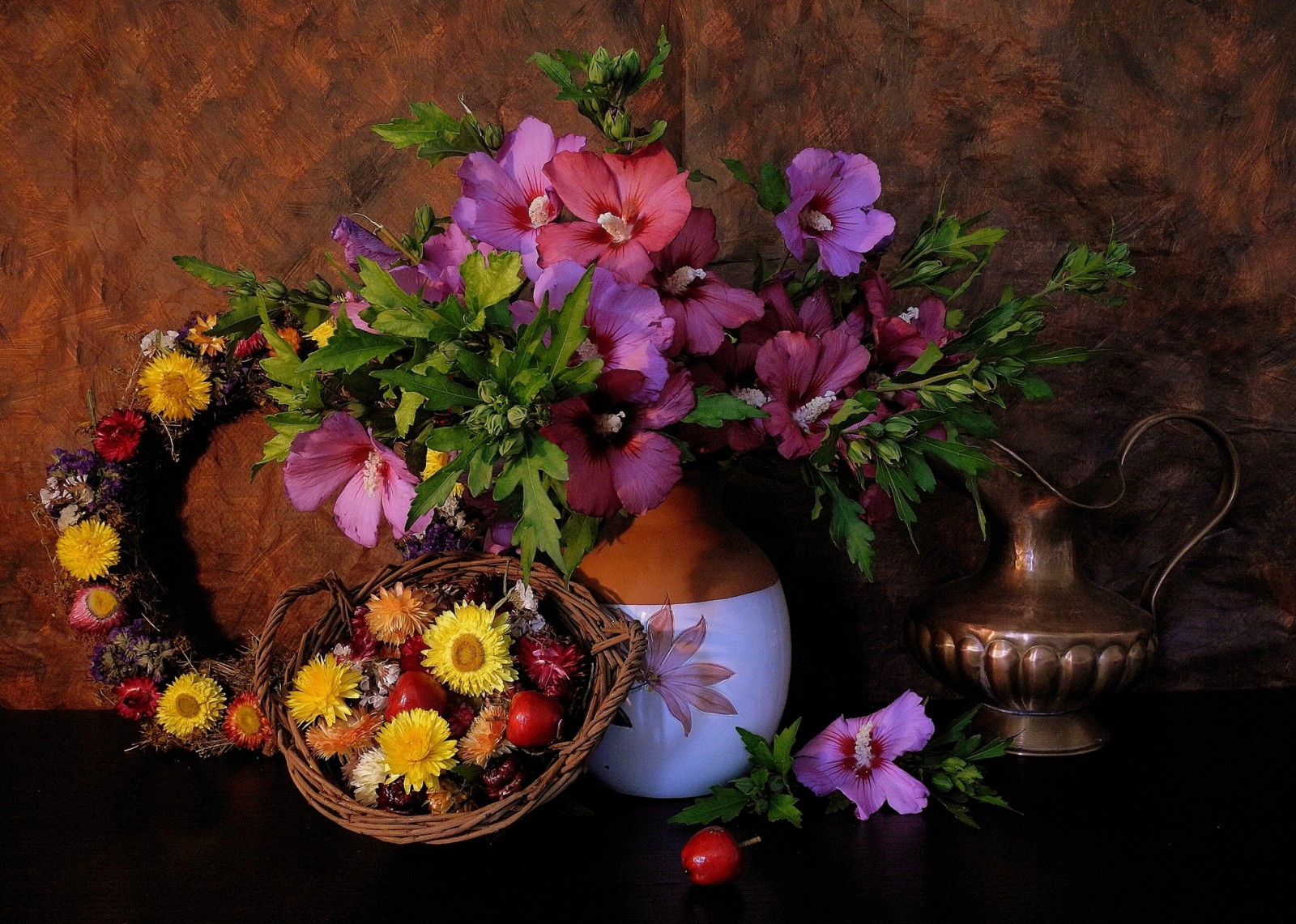 táo, cái bình hoa, Cái bình, vòng hoa, rêu, Ranetki, Hoa cúc