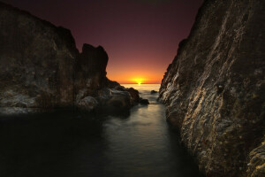 夜明け, 風景, 自然, 岩, 海