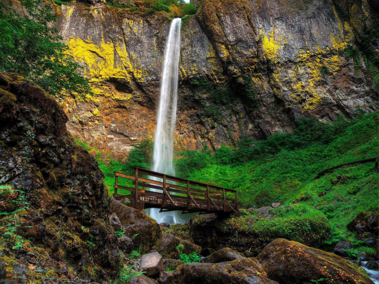 石头, 瀑布, 桥, 美国, 路径, 俄勒冈州, 岩石, Elowah Falls