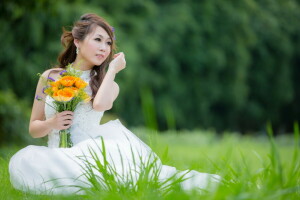 아시아 사람, 꽃들, 소녀