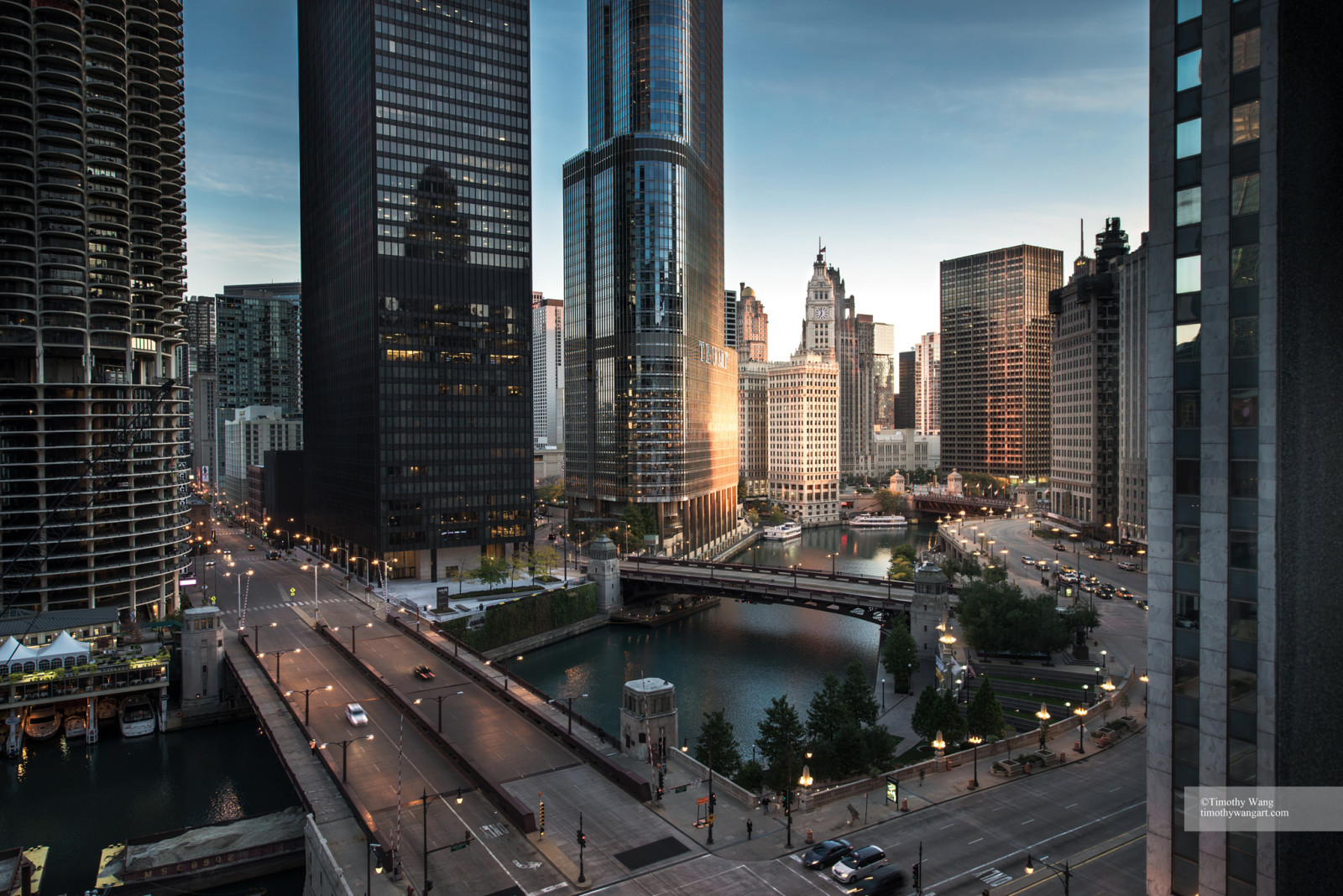 ถนน, ตอนเย็น, ตึกระฟ้า, สหรัฐอเมริกา, Skyline, การเคลื่อนไหว, เมืองชิคาโก, กลางคืน