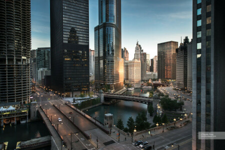 シカゴ, 移動, 夜景, スカイライン, 超高層ビル, 通り, 夜, 米国