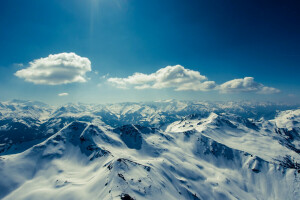 雲, 地平線, 山, 雪, 太陽, 空, 冬