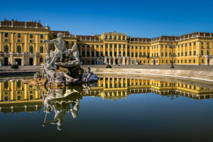 オーストリア, 噴水, 宮殿, 反射, シェーンブルン宮殿, 彫刻, ウィーン, 水