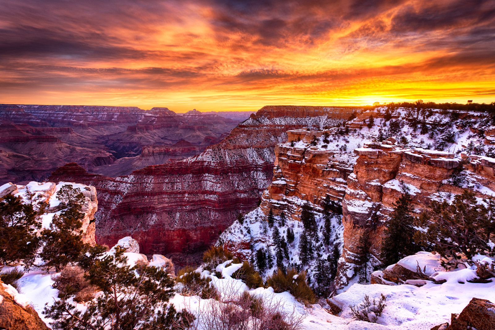 tuyết, bầu trời, Hoàng hôn, những đám mây, Hoa Kỳ, hẻm núi, Grand Canyon, AZ