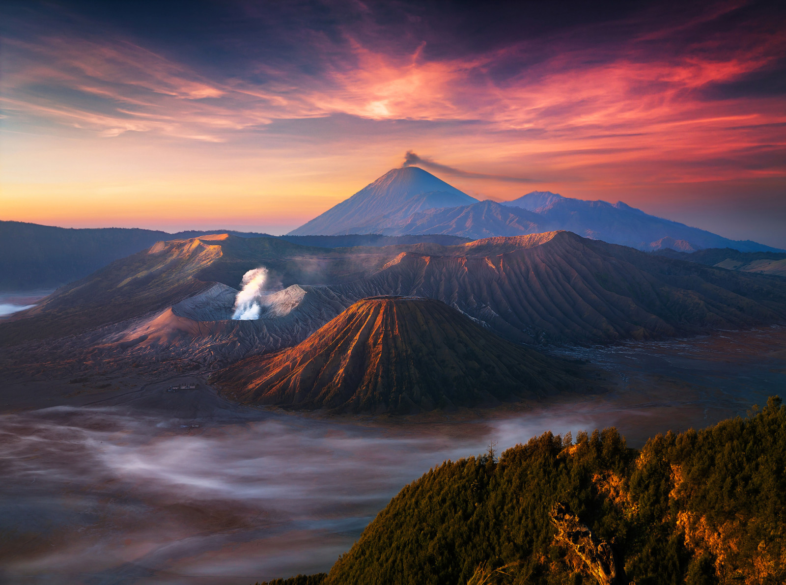空, 朝, 雲, 霧, インドネシア, Java, テンガー, 活火山ブロモ