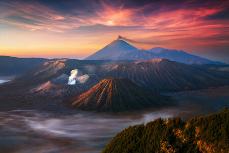 活火山ブロモ, 雲, 霧, インドネシア, Java, 朝, テンガー, 空