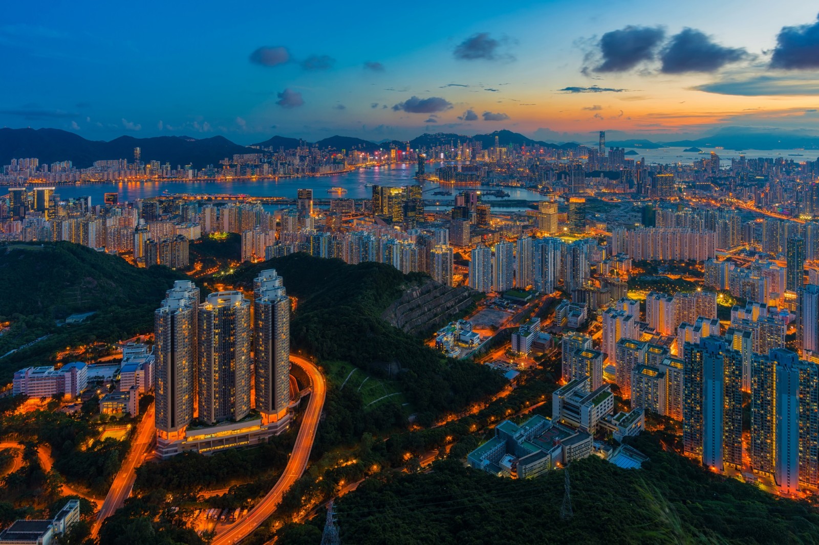 Thành phố đêm, tòa nhà chọc trời, bức tranh toàn cảnh, xây dựng, Trung Quốc, Hồng Kông