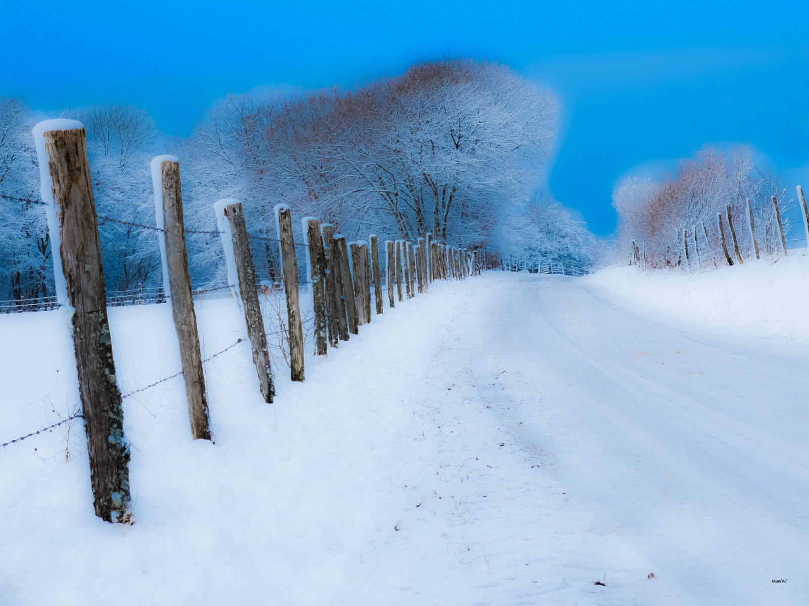 雪, 冬, 道路, フェンス