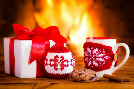 クリスマス, カップ, デコレーション, 火, 暖炉, 新年, クリスマス