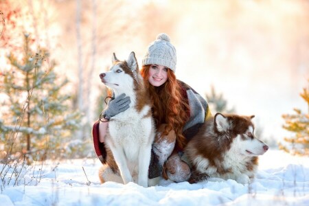 犬, 女の子, 帽子, ハスキー, 喜び, 赤, スマイル, 雪