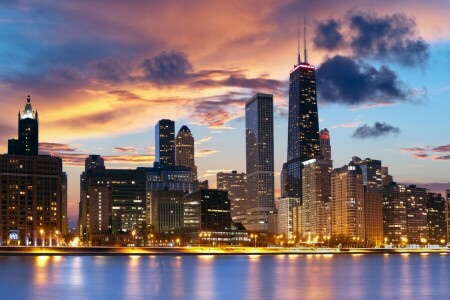 시카고, 시티, 구름., 집, 산보, 강, 고층 빌딩, 저녁