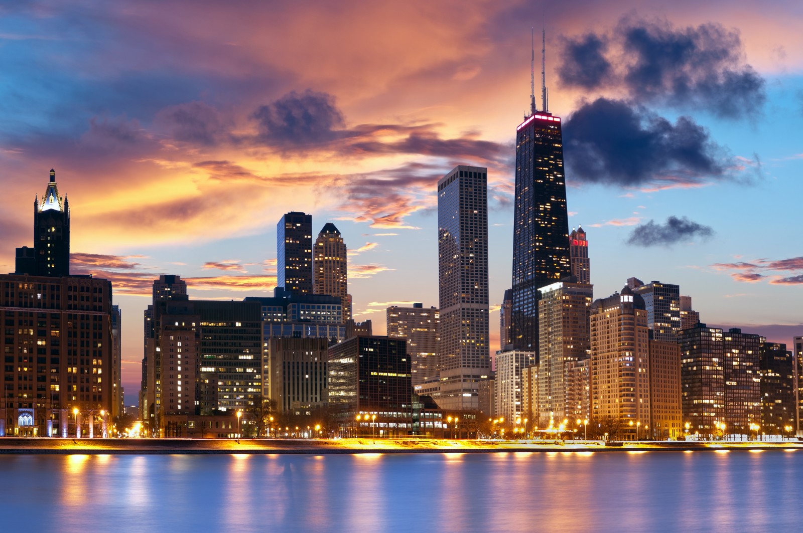 malam, sungai, gedung pencakar langit, rumah, berjalan kaki, kota, Chicago, awan.