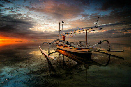 ボート, 夜明け, 風景, 海
