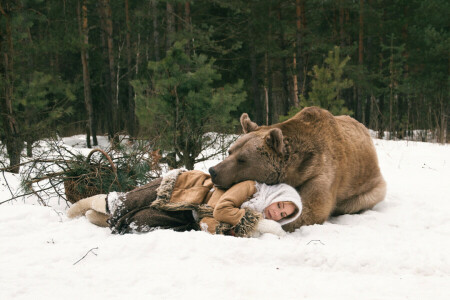 곰, 숲, 소녀, 자다, 겨울