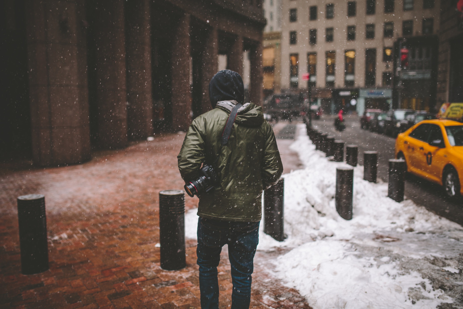 salju, jalan, musim dingin, kota, pria, kembali, kamera, New York