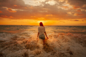 ビーチ, 雲, 女の子, 地平線, 海, 日の出