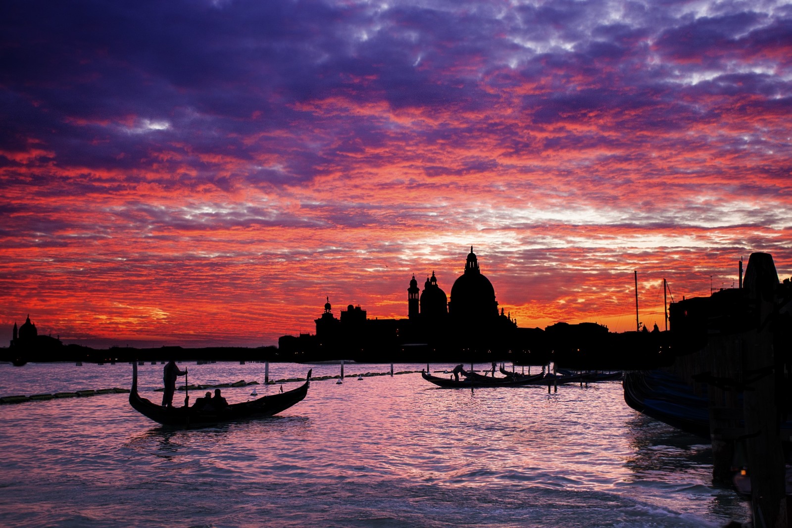 malam, siluet, matahari terbenam, awan, Italia, senja, Venesia