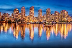 Bay Burrard, Columbia Inggris, bangunan, Burrard Inlet, Kanada, kota malam, panorama, refleksi